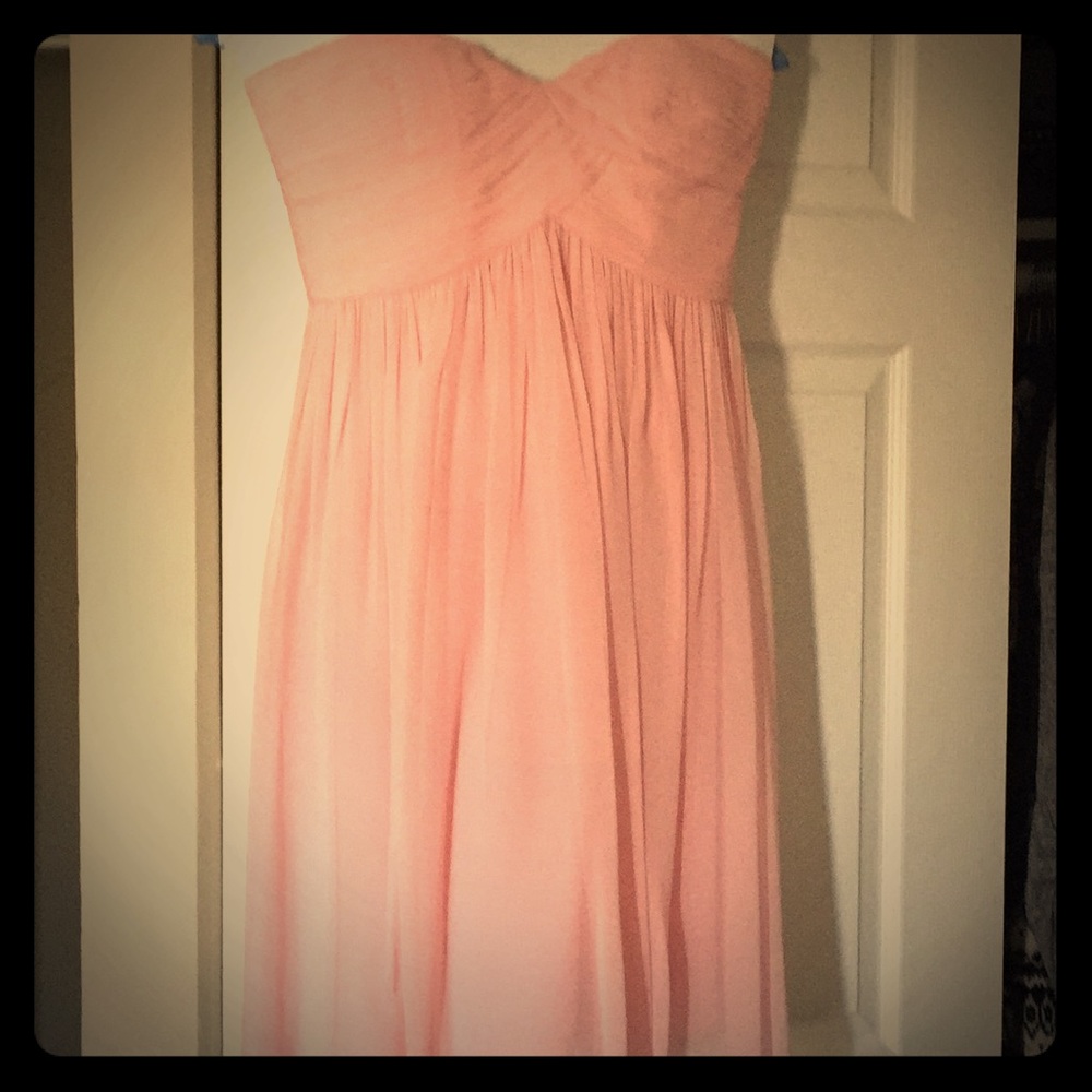 Pink, strapless, above knee bridesmaid dress